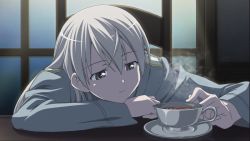 Rule 34 | 1girl, bored, chair, closed mouth, cup, eila ilmatar juutilainen, expressionless, game cg, grey eyes, head tilt, indoors, light frown, long hair, long sleeves, looking away, night, on chair, plate, saucer, silver hair, sitting, solo, steam, strike witches, table, tea, teacup, upper body, world witches series
