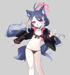 Rule 34 | 1girl, animal ears, antenna hair, bikini, black bikini, black choker, black jacket, blue archive, blue hair, blush, breasts, choker, feet out of frame, fubuki (blue archive), full body, grey background, grey hair, groin, hair ornament, halo, handcuff dangle, heart, heart hair ornament, highres, index finger raised, jacket, jacket over swimsuit, kemonomimi mode, long hair, long sleeves, looking at viewer, low twintails, multicolored hair, navel, open clothes, open jacket, open mouth, pink halo, red eyes, retri, simple background, small breasts, smile, solo, standing, stomach, streaked hair, swimsuit, tail, twintails, wolf ears, wolf tail