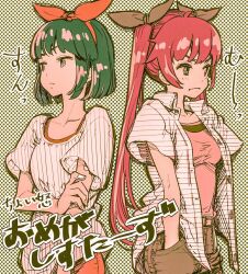 Rule 34 | 2girls, alternate costume, alternate hair color, angry, belt, breasts, brown pants, brown ribbon, casual, closed mouth, collarbone, commentary request, cowboy shot, frown, green eyes, green hair, hairband, halftone, halftone background, hand on own arm, hands in pockets, layered shirt, long hair, looking to the side, medium breasts, multiple girls, omega rei, omega rio, omega sisters, open clothes, open shirt, pants, pink hair, pink shirt, ribbon, shirt, short hair, short sleeves, standing, striped clothes, striped shirt, tamo (gaikogaigaiko), translation request, unbuttoned, v-shaped eyebrows, vertical-striped clothes, vertical-striped shirt, virtual youtuber, white shirt
