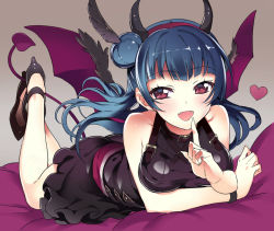Rule 34 | 10s, 1girl, bare shoulders, bed sheet, belt, blue hair, blush, demon horns, demon tail, demon wings, fangs, feather hair ornament, feathers, finger to mouth, gradient background, hair bun, hair ornament, hairband, heart, high heels, horns, long hair, looking at viewer, love live!, love live! sunshine!!, lying, on stomach, open mouth, purple eyes, rassie s, single hair bun, sketch, skirt, smile, solo, tail, tsushima yoshiko, wings, wristband