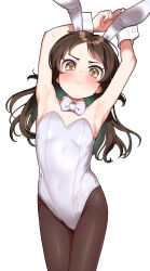 Rule 34 | 1girl, animal ears, armpits, arms up, black pantyhose, blush, bow, bowtie, brown eyes, brown hair, check commentary, closed mouth, commentary request, cowboy shot, detached collar, embarrassed, fake animal ears, flat chest, groin, idolmaster, idolmaster cinderella girls, leotard, long hair, looking at viewer, pantyhose, pettan p, playboy bunny, rabbit ears, solo, tachibana arisu, thighs, wavy mouth, white background, white bow, white bowtie, white leotard, wrist cuffs