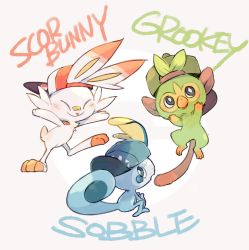 Rule 34 | backwards hat, baseball cap, blush, bright pupils, character name, commentary request, creatures (company), closed eyes, game freak, gen 8 pokemon, green headwear, grookey, hat, clothed pokemon, leg up, nigiri (ngr24), nintendo, no humans, open mouth, pokemon, pokemon (creature), scorbunny, sobble, standing, starter pokemon trio, toes, white pupils