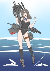 Rule 34 | 30-06, adapted turret, alternate costume, animal ears, belt, black leotard, black socks, blue neckerchief, blue sky, breasts, cannon, covered navel, detached collar, fake animal ears, full body, gloves, hair between eyes, highres, kantai collection, kneehighs, leotard, machinery, medium breasts, neckerchief, ocean, open mouth, oyashio (kancolle), playboy bunny, rabbit ears, sky, smile, smokestack, socks, strapless, strapless leotard, torpedo launcher, torpedo tubes, turret, water, white gloves, wrist cuffs