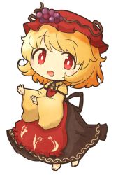 Rule 34 | 1girl, aki minoriko, akihiyo, apron, barefoot, black skirt, blush, bright pupils, food, food-themed clothes, fruit, grapes, hat, mob cap, open mouth, outstretched arms, red apron, red eyes, red hat, shirt, simple background, skirt, solo, standing, touhou, transparent background, white background, white pupils, wide sleeves, yellow shirt