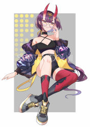 Rule 34 | 1girl, absurdres, asymmetrical legwear, bare shoulders, black shorts, breasts, character name, choker, cleavage, collar, collarbone, fate/grand order, fate (series), full body, glasses, grey footwear, halterneck, high-waist shorts, highres, horns, long sleeves, purple eyes, purple hair, red thighhighs, round eyewear, shoes, short hair, short shorts, shorts, shuten douji (fate), single thighhigh, small breasts, smile, sneakers, solo, thighhighs, tsubasa19900920, uneven legwear