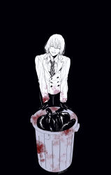Rule 34 | 1boy, absurdres, akechi gorou, arm support, blood, blood on clothes, collared shirt, commentary request, facing viewer, gloves, hair between eyes, highres, jacket, kaisen (kaisen inari), leaning on object, long sleeves, male focus, necktie, persona, persona 5, shirt, short hair, smile, solo, spot color, standing, striped necktie, trash bag, trash can, twitter username, vertical-striped clothes, vertical-striped necktie