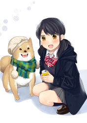 Rule 34 | 1girl, :d, black footwear, blazer, blush, bow, brown eyes, can, dog, full body, grey skirt, hat, holding, holding can, jacket, kneehighs, kuroneko0202, long hair, looking at viewer, open mouth, original, plaid, plaid scarf, red bow, scarf, school uniform, short twintails, simple background, skirt, smile, socks, solo, squatting, striped, striped bow, twintails, vest, white background