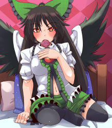 Rule 34 | 1girl, absurdres, black hair, black thighhighs, black wings, blush, breasts, condom, condom in mouth, covered erect nipples, female focus, hair ribbon, highres, kurozako, large breasts, long hair, mouth hold, navel, red eyes, reiuji utsuho, ribbon, solo, thighhighs, touhou, wings