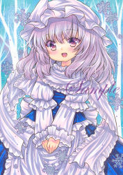Rule 34 | 1girl, :d, apron, bare tree, blue background, blue shirt, blue skirt, blush, frilled apron, frilled scarf, frilled shirt collar, frilled sleeves, frills, hat, head tilt, juliet sleeves, letty whiterock, light purple hair, long sleeves, looking at viewer, marker (medium), medium hair, mob cap, open mouth, puffy sleeves, purple eyes, rui (sugar3), sample watermark, scarf, shirt, skirt, smile, snowflakes, solo, too many, too many frills, touhou, traditional media, tree, waist apron, watermark, white hat, white scarf