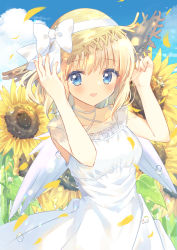 Rule 34 | 1girl, absurdres, adjusting clothes, adjusting headwear, air (visual novel), air bubble, aiyan, blonde hair, blue eyes, blue sky, blush, border, bow, brown hat, bubble, cloud, cloudy sky, commentary request, day, dress, flower, hat, hat bow, highres, kamio misuzu, looking at viewer, open mouth, outdoors, short hair, sky, sleeveless, sleeveless dress, smile, solo, standing, straw hat, sun hat, sundress, sunflower, white border, white dress, wings