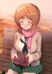 Rule 34 | 1girl, absurdres, black neckerchief, blouse, box, brick floor, brown hair, cardigan, closed eyes, commentary, emilio (tetsukazu no ao), flying sweatdrops, fringe trim, gift, gift box, girls und panzer, green skirt, grey cardigan, heart-shaped box, highres, holding, holding gift, long sleeves, miniskirt, neckerchief, nishizumi miho, on bench, ooarai school uniform, open cardigan, open clothes, open mouth, pink scarf, pleated skirt, sailor collar, scarf, school uniform, serafuku, shirt, short hair, sitting, skirt, smile, solo, valentine, white sailor collar, white shirt
