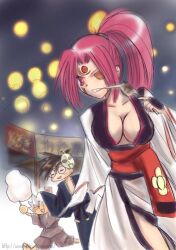 Rule 34 | baiken, chibi, chipp zanuff, eating, facial tattoo, festival, guilty gear, guilty gear x, high ponytail, japanese clothes, kimono, kinomin, lowres, missing eye, missing limb, mito anji, non-web source, pink eyes, pink hair, scar, scar on face, summer festival, tattoo, white kimono