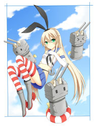 Rule 34 | &gt; &lt;, 10s, 1girl, :3, anchor, anchor hair ornament, blonde hair, boots, closed eyes, d-savio, elbow gloves, gloves, green eyes, grey footwear, hair ornament, hairband, highres, innertube, kantai collection, long hair, machinery, navel, personification, rensouhou-chan, shimakaze (kancolle), striped clothes, striped thighhighs, swim ring, thighhighs, turret, vesa31
