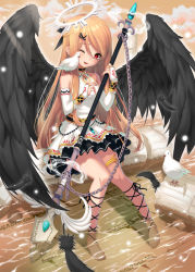 Rule 34 | 1girl, ;d, ankle lace-up, barefoot, bird, black wings, chain, cross-laced footwear, dove, feathers, halo, long hair, one eye closed, open mouth, orange hair, original, polearm, red eyes, ribbon, s-goon, sitting, sky, smile, soaking feet, solo, spear, water, weapon, wings