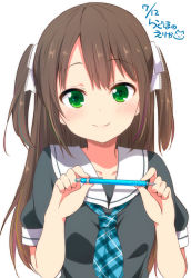 Rule 34 | 1girl, blush, brown hair, commentary request, dated, green eyes, hair ribbon, holding, holding pencil, long hair, looking at viewer, mechanical pencil, neckerchief, original, pencil, ragho no erika, ribbon, school uniform, serafuku, short sleeves, signature, smile, solo, two side up, upper body