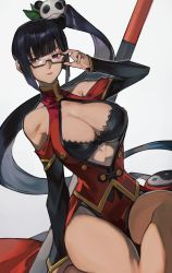 Rule 34 | 1girl, adjusting eyewear, arc system works, black bra, black hair, blazblue, bra, breasts, china dress, chinese clothes, cleavage, cleavage cutout, clothing cutout, collarbone, dress, glasses, hair ornament, highres, invisible chair, large breasts, litchi faye ling, long hair, panda hair ornament, pelvic curtain, ponytail, red eyes, sitting, sleeveless, sleeveless dress, solo, staff, thighs, uncle rabbit ii, underwear, very long hair, white background