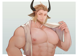 Rule 34 | 1boy, abs, alternate pectoral size, animal ears, arknights, bara, bare pectorals, beard, blonde hair, bulge, cow boy, cow ears, cow horns, eurill pides (arknights), facial hair, highres, horns, ketanbakar, large pectorals, looking at viewer, male focus, mature male, muscular, muscular male, naked towel, navel, nipples, pectorals, short hair, smile, solo, stomach, towel, towel around neck, upper body