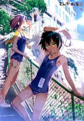 Rule 34 | 10s, 3girls, :d, absurdres, arm support, arm up, armpits, beach towel, black hair, blue hair, blue one-piece swimsuit, blue sky, blush, breasts, brown hair, building, chain-link fence, character name, converse, copyright name, dark-skinned female, dark skin, dated, day, fence, flat chest, furuya mero, goggles, goggles on head, unworn goggles, green eyes, grin, hair over one eye, hattori mitsuru, high ponytail, highres, holding, leaning back, legs, light rays, long legs, looking afar, looking at viewer, multiple girls, name tag, no socks, official art, one-piece swimsuit, open mouth, outdoors, ponytail, sankarea, scan, school swimsuit, shade, shading eyes, shinoda kazue, shiny clothes, shoes, short hair, sidelocks, sky, small breasts, smile, sneakers, spiked hair, stairs, standing, striped, sunbeam, sunlight, swimsuit, tan, tanline, tomboy, towel, towel around neck, triangle mouth, walking, wet, wet clothes, wet hair, yasaka miko