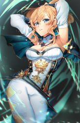 Rule 34 | 1girl, arched back, armpits, arms up, artist name, belt, black bow, blonde hair, blue eyes, bow, breasts, cleavage, detached collar, detached sleeves, genshin impact, hair between eyes, hair bow, highres, holding, holding sword, holding weapon, jean (genshin impact), large breasts, long hair, looking at viewer, meltyrice, pants, parted lips, ponytail, shirt, simple background, sleeveless, sleeveless shirt, solo, sword, sword behind back, tight clothes, tight pants, weapon, white pants, white shirt, wind