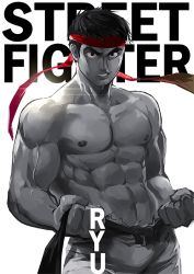 Rule 34 | 1boy, 8 (yamalu), abs, bara, black hair, commentary request, headband, large pectorals, male focus, mature male, muscular, muscular male, navel, nipples, pectorals, ryu (street fighter), solo, stomach, street fighter, topless male