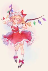 1girl absurdres adapted_costume ankle_bow ankle_ribbon ascot black_shoes blonde_hair bow brooch collar collarbone collared_shirt crystal crystal_wings flandre_scarlet frilled_collar frilled_skirt frills full_body hair_between_eyes hand_on_own_hip hat hat_ribbon heart heart_brooch heart_pin highres jewelry looking_at_viewer mob_cap multicolored_wings one_side_up open_mouth orchid_(pixiv3730518) puffy_short_sleeves puffy_sleeves red_eyes red_skirt red_vest ribbon shirt short_sleeves simple_background skirt skirt_set slippers smile socks solo touhou v vest white_hat white_shirt white_socks wings yellow_ascot yellow_background