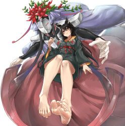 Rule 34 | 1girl, animal ear fluff, animal ears, bare legs, barefoot, black hair, bolt (hardware), cosplay, death (granblue fantasy), delilah (guilty gear), delilah (guilty gear) (cosplay), dress, eiji (eiji), erune, feet, flower, foot focus, foreshortening, full body, granblue fantasy, granblue fantasy versus: rising, guilty gear, guilty gear strive, hair between eyes, highres, looking at viewer, nier (granblue fantasy), red eyes, red ribbon, ribbon, simple background, solo, white background, wide sleeves, wolf ears