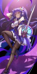 Rule 34 | 1girl, absurdres, bare shoulders, commentary request, cone hair bun, detached sleeves, genshin impact, gloves, hair bun, high-waist shorts, high heels, highres, holding, holding sword, holding weapon, keqing (genshin impact), long hair, looking at viewer, luai, pantyhose, purple eyes, purple footwear, purple gloves, purple hair, purple skirt, reverse grip, short sleeves, shorts, skirt, solo, sword, thighs, twintails, very long hair, weapon