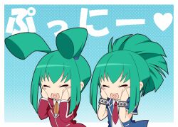 Rule 34 | !, 1boy, 1girl, artist request, blush stickers, brother and sister, chibi, green hair, heart, long hair, lua (yu-gi-oh!), luca (yu-gi-oh!), ponytail, school uniform, siblings, simple background, sweat, translation request, trap, twintails, yu-gi-oh!, yu-gi-oh! 5d&#039;s
