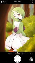 Rule 34 | 1girl, absurdres, androgynous, ass, blush, bob cut, bush, camera, colored skin, creatures (company), curvy, dress, feet, forest, fraankyy, from behind, game freak, gardevoir, gen 3 pokemon, green hair, green skin, hair over one eye, highres, looking at viewer, looking back, nature, nintendo, on floor, open mouth, outdoors, pokemon, pokemon (creature), red eyes, short hair, sitting, solo focus, taking picture, thick thighs, thighs, tongue, white dress, white skin, wide hips