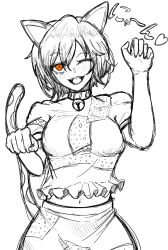 Rule 34 | 1girl, 584koyashi, animal ears, bell, cat ears, cat girl, commentary, goutokuji mike, highres, navel, neck bell, open mouth, partially colored, short hair, simple background, sketch, skirt, solo, symbol-only commentary, touhou