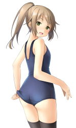 Rule 34 | 1girl, :d, adjusting clothes, adjusting swimsuit, ass, bare arms, bare shoulders, black thighhighs, blue one-piece swimsuit, blush, brown hair, commentary request, from behind, green eyes, high ponytail, highres, long hair, looking at viewer, looking back, old school swimsuit, one-piece swimsuit, open mouth, original, ponytail, school swimsuit, shibacha, sidelocks, simple background, smile, solo, swimsuit, thighhighs, thighs, white background