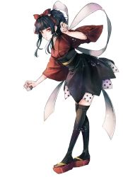Rule 34 | 1girl, black hair, black thighhighs, bow, character request, commentary request, copyright request, dice, dress, full body, hair bow, highres, holding dice, red bow, red eyes, red footwear, sakuyu, sidelocks, simple background, solo, standing, thighhighs, white background, wide sleeves