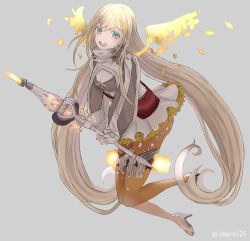Rule 34 | 1girl, :d, akitama2727, blonde hair, blue eyes, breasts, cleavage, full body, gloves, grey background, grey gloves, highres, holding, holding staff, long hair, long sleeves, looking at viewer, open mouth, rapunzel (sinoalice), simple background, sinoalice, smile, solo, staff, teeth, thighhighs, wings, yellow thighhighs