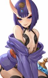 Rule 34 | 1girl, :p, absurdres, akizone, blunt bangs, blush, bob cut, bottle, commentary, cowboy shot, eyelashes, fate/grand order, fate (series), flat chest, gem, hair ornament, highres, horns, japanese clothes, kimono, leaning forward, looking at viewer, obi, off shoulder, oni, purple eyes, purple hair, revealing clothes, sash, short hair, shuten douji (fate), simple background, skin-covered horns, smile, solo, tongue, tongue out, v arms, white background, wide sleeves