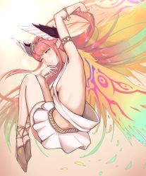 Rule 34 | 1girl, arm up, armlet, armpits, bare back, bare shoulders, blunt bangs, blush, bracelet, breasts, circe (fate), closed mouth, fate/grand order, fate (series), from behind, gold trim, head wings, jewelry, kisaragi chiyuki, legs together, light smile, long hair, looking at viewer, looking back, medium breasts, multicolored hair, no socks, pink eyes, pink hair, platform footwear, pointy ears, robe, sandals, sideboob, skirt, solo, tiara, very long hair, white skirt, wings
