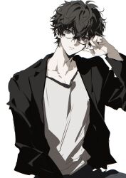 1boy amamiya_ren black-framed_eyewear black_eyes black_hair black_jacket closed_mouth collarbone doran_(doran7280) expressionless glasses hand_on_own_face head_tilt highres jacket long_sleeves looking_at_viewer male_focus messy_hair open_clothes open_jacket persona persona_5 shirt short_hair simple_background solo upper_body very_short_hair white_background white_shirt