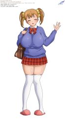 Rule 34 | 1girl, absurdres, breasts, haha musume donburi, highres, huge breasts, plump, ribbon, rumi (haha musume donburi), school uniform, slippers, thick thighs, thighhighs, thighs, twintails, wide hips