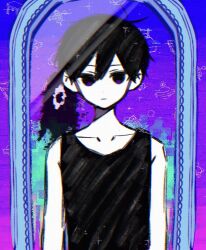 1boy antenna_hair arms_at_sides bare_arms bare_shoulders black_hair black_tank_top chromatic_aberration closed_mouth collarbone colored_skin commentary double-parted_bangs hair_behind_ear hair_between_eyes highres looking_at_viewer mirror omori omori_(omori) outdoors purple_sky sky solo something_(omori) straight-on takenaka_(takenaka1111) tank_top upper_body white_skin