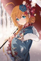 Rule 34 | 1girl, ahoge, animal print, blue eyes, blue flower, blue kimono, blurry, blush, butterfly print, closed mouth, commentary, depth of field, flower, fur scarf, hair between eyes, hair bun, hair flower, hair ornament, hair ribbon, hands up, head tilt, highres, holding, holding umbrella, japanese clothes, kimono, long hair, looking at viewer, low-tied long hair, official alternate costume, okg, orange hair, pecorine (new year) (princess connect!), pecorine (princess connect!), princess connect!, red flower, red ribbon, ribbon, side ponytail, single hair bun, smile, snowflakes, snowing, solo, standing, umbrella, upper body, wheat print, white flower