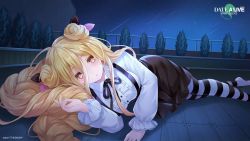 Rule 34 | 1girl, absurdly long hair, black skirt, black thighhighs, blonde hair, commentary, date a live, date a live: spirit pledge, english commentary, highres, hoshimiya mukuro, long hair, long sleeves, looking at viewer, lying, night, on floor, on side, outdoors, shirt, skirt, sky, solo, star (sky), starry sky, striped clothes, striped thighhighs, thighhighs, very long hair, white shirt, white thighhighs, yellow eyes