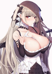 Rule 34 | 1girl, azur lane, bare shoulders, between breasts, black dress, breasts, cleavage, dress, formidable (azur lane), frilled dress, frills, grey hair, highres, large breasts, long hair, nakatama kyou, red eyes, ribbon, solo, twintails, two-tone dress, two-tone ribbon, very long hair