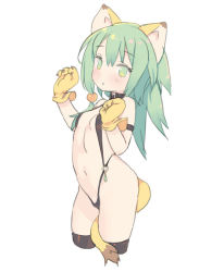 Rule 34 | 1girl, animal ears, animal hands, armband, bikini, black bikini, black thighhighs, blade (galaxist), breasts, cham cham, collar, contrapposto, cropped legs, gloves, green eyes, green hair, highleg, highleg bikini, long hair, navel, o-ring, o-ring bikini, original, paw gloves, paw pose, samurai spirits, simple background, slingshot swimsuit, small breasts, snk, solo, standing, swimsuit, tail, thighhighs, tiger ears, tiger tail, white background