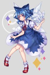 Rule 34 | 13 (spice!!), 1girl, bad id, bad pixiv id, blue bow, blue dress, blue eyes, blue hair, bow, circled 9, cirno, dress, full body, grey background, grin, hair bow, highres, ice, ice wings, knees together feet apart, looking at viewer, mary janes, matching hair/eyes, neck ribbon, puffy short sleeves, puffy sleeves, red footwear, red ribbon, ribbon, shoes, short hair, short sleeves, smile, solo, touhou, wings