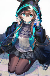 Rule 34 | 1girl, amiya (arknights), animal ears, arknights, ascot, black jacket, black skirt, blue eyes, blush, brown hair, brown pantyhose, center frills, closed mouth, commentary, ears through headwear, frills, grey ascot, hair between eyes, hands up, hayama eishi, highres, hood, hood up, hooded jacket, jacket, jewelry, long hair, long sleeves, open clothes, open jacket, pantyhose, pleated skirt, puffy long sleeves, puffy sleeves, rabbit ears, ring, shirt, sitting, skirt, sleeves past wrists, solo, very long hair, wariza, white background, white shirt