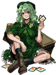 Rule 34 | 1girl, absurdres, blush, boots, box, breasts, camouflage, card, commentary, cup, full body, green eyes, green hair, hair between eyes, hand up, highres, holding, holding card, knee up, kuya (hey36253625), large breasts, long hair, playing card, sitting, smile, solo, touhou, yamashiro takane