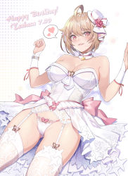 Rule 34 | 1girl, absurdres, ahoge, back bow, bare shoulders, blush, bow, bow panties, bracelet, breasts, bridal gauntlets, character name, cleavage, corset, cowboy shot, dated, detached collar, fingernails, floral print, flower, garter belt, glint, gloves, gluteal fold, groin, hair between eyes, hair flaps, halftone, halftone background, hands up, happy birthday, hat, hat flower, hat ribbon, heart, highres, ibuki tsubasa, idolmaster, idolmaster million live!, idolmaster million live! theater days, jewelry, large breasts, light brown hair, long hair, machi (machi333), mini hat, panties, parted lips, pearl bracelet, pendant, pink bow, pink eyes, pink flower, pink ribbon, pink rose, print thighhighs, raised eyebrows, ribbon, rose, see-through, short hair, skirt, smile, solo, speech bubble, spoken heart, string panties, sweat, thighhighs, top hat, two-tone ribbon, underbust, underwear, water drop, wet, wet hair, white background, white gloves, white hat, white panties, white ribbon, white skirt, white thighhighs