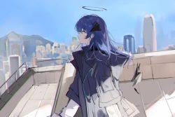 Rule 34 | 1girl, arknights, black coat, black halo, black wings, blue eyes, blue hair, building, city, coat, commentary, dark halo, day, demon horns, detached wings, dutch angle, energy wings, from side, fur-trimmed hood, fur trim, halo, highres, hood, hooded coat, horns, joshua (shisanli934), long hair, long sleeves, mostima (arknights), outdoors, profile, railing, rooftop, skyscraper, solo, symbol-only commentary, upper body, wings