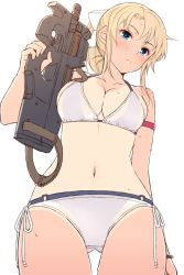 Rule 34 | 1girl, armband, bikini, blonde girl (itou), blonde hair, blue eyes, blush, bow, breasts, bullpup, cleavage, closed mouth, commentary request, cowboy shot, from below, gun, hair bow, halterneck, highres, horizontal magazine, itou (onsoku tassha), large breasts, navel, one-piece tan, original, p90, personal defense weapon, ponytail, see-through, side-tie bikini bottom, simple background, sketch, solo, submachine gun, sweat, swimsuit, tan, tanline, translucent, weapon, white bikini