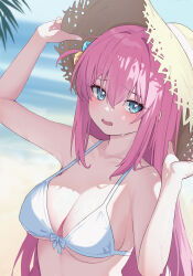 1girl absurdres adjusting_clothes adjusting_headwear bare_arms bare_shoulders bikini blue_eyes blurry blurry_background blush bocchi_the_rock! bow bow_bikini breasts chinese_commentary commentary_request cube_hair_ornament day gotoh_hitori hair_ornament hat highres large_breasts lishu_(2013547716) long_hair looking_at_viewer ocean one_side_up open_mouth outdoors palm_tree pink_hair solo straw_hat sun_hat sweat swimsuit tree white_bikini