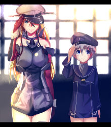 Rule 34 | 10s, 2girls, anchor symbol, bad id, bad pixiv id, bare shoulders, bismarck (kancolle), blonde hair, blue eyes, breasts, brown gloves, elbow gloves, gloves, grey eyes, hat, hizagawa rau, kantai collection, large breasts, letterboxed, long hair, military, military hat, military uniform, multiple girls, neckerchief, salute, school uniform, serafuku, short hair, silver hair, thighs, uniform, very long hair, z1 leberecht maass (kancolle)